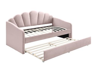 Lit gigogne coquillage 2 x 90 x 190 cm - Velours - Rose - ELUSIA