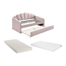 Lit gigogne coquillage 2 x 90 x 190 cm - Velours - Rose + Matelas - ELUSIA