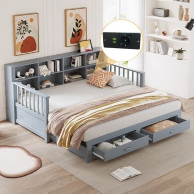 Lit Gigogne en Bois 90/180x190 cm Extensible avec Tiroirs et Prise USB, Lit Multifonction avec Rangement, Gris