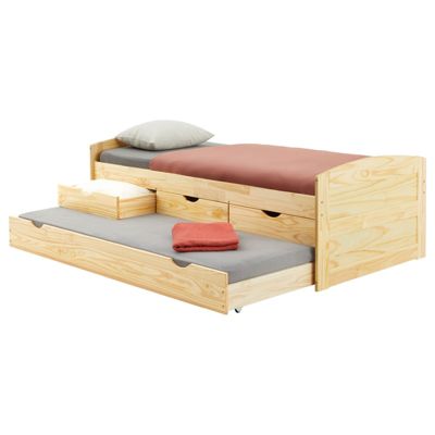 Lit gigogne JESSY lit enfant fonctionnel avec tiroir-lit et rangement 3 tiroirs, couchage 90x190 cm, en pin massif naturel