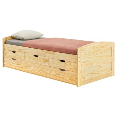 Lit gigogne JESSY lit enfant fonctionnel avec tiroir-lit et rangement 3 tiroirs, couchage 90x190 cm, en pin massif naturel