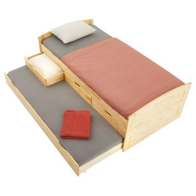 Lit gigogne JESSY lit enfant fonctionnel avec tiroir-lit et rangement 3 tiroirs, couchage 90x190 cm, en pin massif naturel