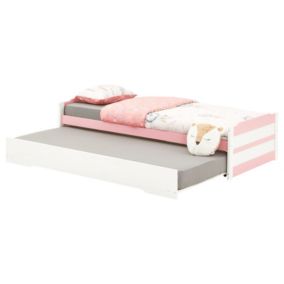 Lit gigogne LORENA 1 personne tiroir lit fonctionnel 90 x 190 cm pin massif lasuré blanc et rose