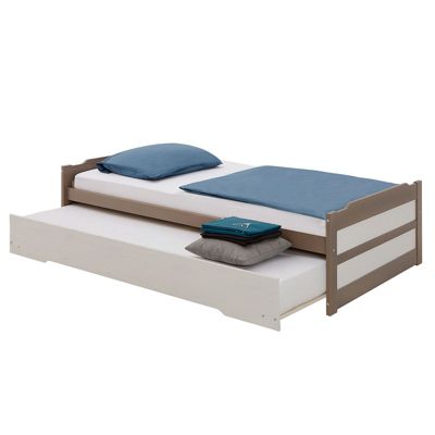Lit gigogne LORENA en pin massif, 90 x 190 cm, lasuré taupe et blanc