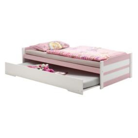 Lit gigogne LORENA enfant 1 place tiroir lit fonctionnel 90 x 200 cm pin massif lasuré blanc et rose