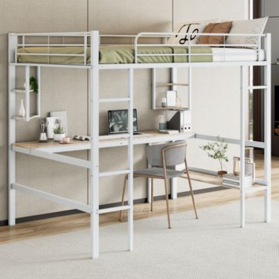 Lit Haut 140x200cm, Métal, Bureau avec Rangement, Enfants, Blanc