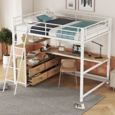 Lit Haut 140x200cm, Métal, Bureau, Rangement, Échelle, Sans Matelas, Blanc