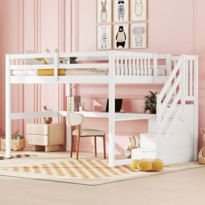 Lit Haut 140x200cm, Rangement, Bureau, Échelle, Sans Matelas, Blanc