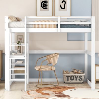 Lit Haut 140x200cm, Rangement, Étagères, Bureau, Pin, Sans Matelas, Blanc