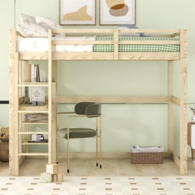 Lit Haut 140x200cm, Rangement, Étagères, Bureau, Pin, Sans Matelas, Naturel