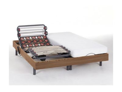 Lit électrique de relaxation lattes et plots + matelas accueil latex - 2 x 90 x 200 cm - Chêne - PANDORA II de DREAMEA