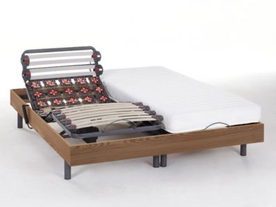 Lit électrique de relaxation lattes et plots + matelas accueil latex - 2 x 90 x 200 cm - Chêne - PANDORA II de DREAMEA