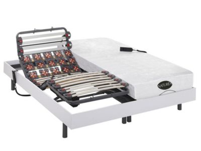 Lit électrique de relaxation lattes et plots + matelas mémoire de forme et bambou - 2 x 90 x 200 cm - Blanc - DAMYSOS de NATUREA