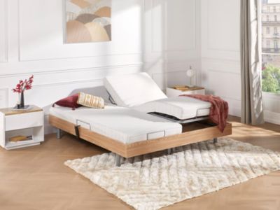 Lit électrique de relaxation tout plots + matelas latex - 2 x 70 x 190 cm - Chêne - CASSIOPEE III de DREAMEA