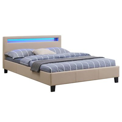 Lit LED double 140x190 cm avec sommier, tête de lit confortable, lit 1 place revêtement en tissu beige, RIOJA