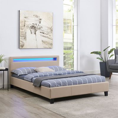 Lit LED double 140x190 cm avec sommier, tête de lit confortable, lit 1 place revêtement en tissu beige, RIOJA