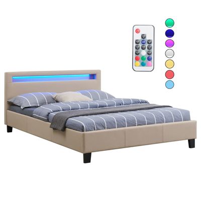 Lit LED double 140x190 cm avec sommier, tête de lit confortable, lit 1 place revêtement en tissu beige, RIOJA