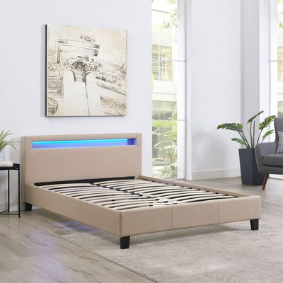 Lit LED double 140x190 cm avec sommier, tête de lit confortable, lit 1 place revêtement en tissu beige, RIOJA