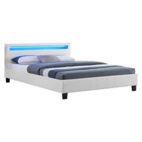 Lit LED double 140x190 cm avec sommier, tête de lit confortable, lit 1 place revêtement en tissu blanc, RIOJA