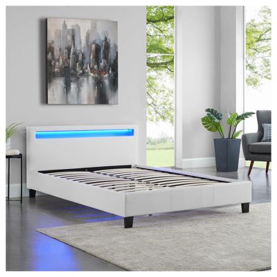 Lit LED double 140x190 cm avec sommier, tête de lit confortable, lit 1 place revêtement en tissu blanc, RIOJA