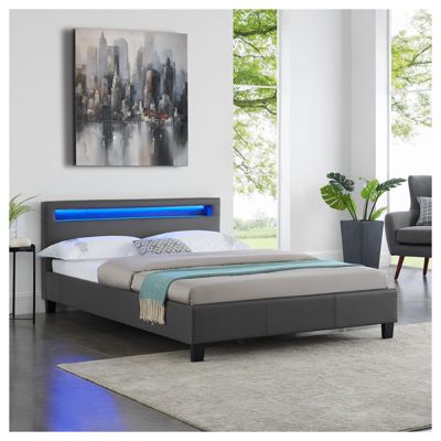 Lit LED double 140x190 cm avec sommier, tête de lit confortable, lit 1 place revêtement en tissu gris, RIOJA