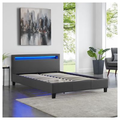 Lit LED double 140x190 cm avec sommier, tête de lit confortable, lit 1 place revêtement en tissu gris, RIOJA