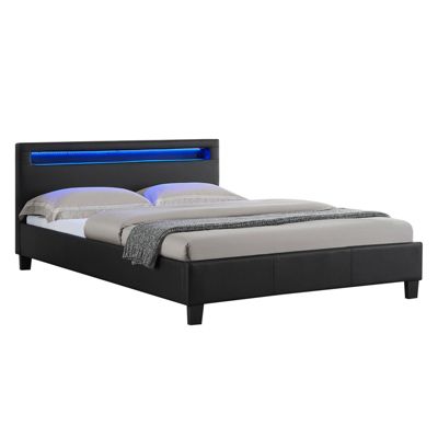 Lit LED double 140x190 cm avec sommier, tête de lit confortable, lit 1 place revêtement en tissu noir, RIOJA