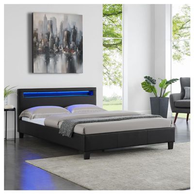 Lit LED double 140x190 cm avec sommier, tête de lit confortable, lit 1 place revêtement en tissu noir, RIOJA