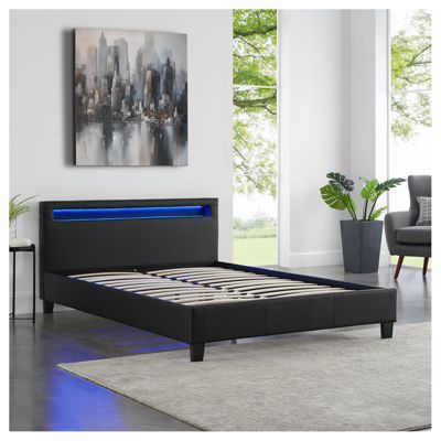 Lit LED double 140x190 cm avec sommier, tête de lit confortable, lit 1 place revêtement en tissu noir, RIOJA