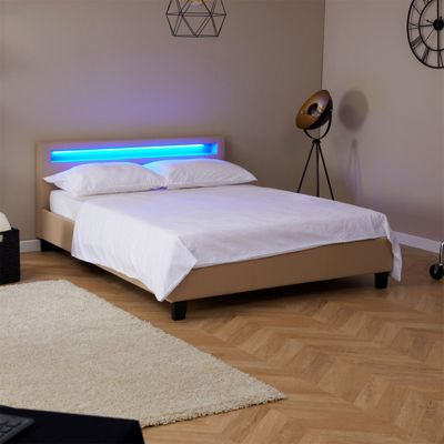 Lit LED double 140x190 cm avec sommier, tête de lit confortable, lit 1 place revêtement synthétique brun, PINOT