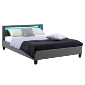 Lit LED double 140x190 cm avec sommier, tête de lit confortable, lit 1 place revêtement synthétique gris, PINOT