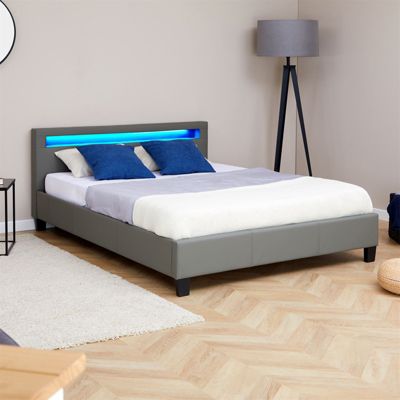 Lit LED double 140x190 cm avec sommier, tête de lit confortable, lit 1 place revêtement synthétique gris, PINOT