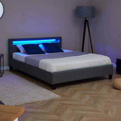 Lit LED double 140x190 cm avec sommier, tête de lit confortable, lit 1 place revêtement synthétique gris, PINOT