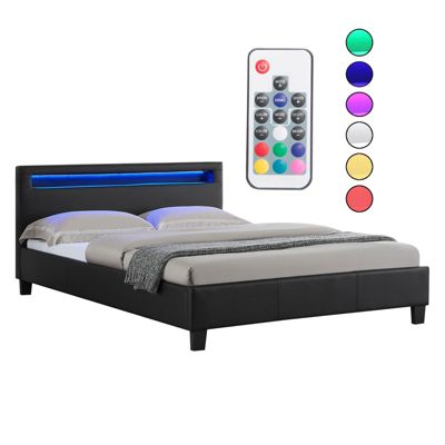 Lit LED double RIOJA 140x190 cm, avec sommier, revêtement tissu noir