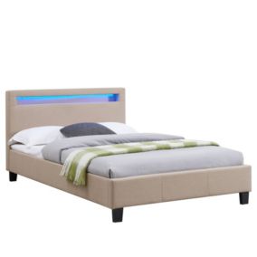 Lit LED simple 120x190 cm avec sommier, tête de lit confortable, lit 1 place revêtement en tissu beige, MARISELA