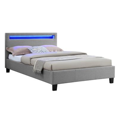 Lit LED simple 120x190 cm avec sommier, tête de lit confortable, lit 1 place revêtement en tissu gris, MARISELA