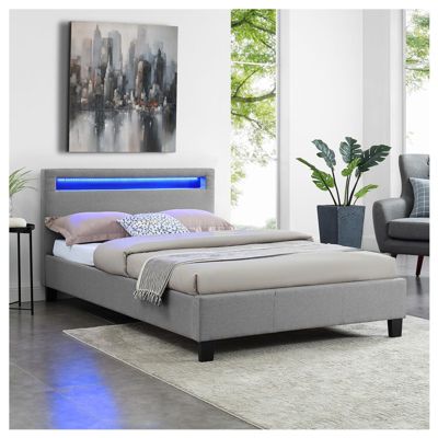 Lit LED simple 120x190 cm avec sommier, tête de lit confortable, lit 1 place revêtement en tissu gris, MARISELA