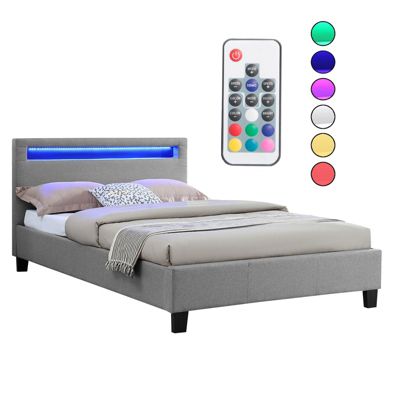 Lit LED simple 120x190 cm avec sommier, tête de lit confortable, lit 1 place revêtement en tissu gris, MARISELA