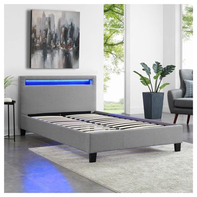 Lit LED simple 120x190 cm avec sommier, tête de lit confortable, lit 1 place revêtement en tissu gris, MARISELA