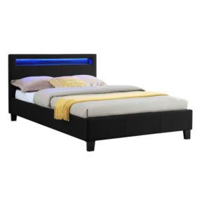 Lit LED simple 120x190 cm avec sommier, tête de lit confortable, lit 1 place revêtement en tissu noir, MARISELA