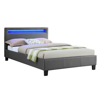 Lit LED simple 120x190 cm avec sommier, tête de lit confortable, lit 1 place revêtement synthétique gris, MIRANDO