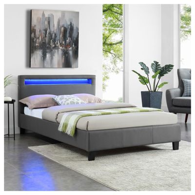 Lit LED simple 120x190 cm avec sommier, tête de lit confortable, lit 1 place revêtement synthétique gris, MIRANDO