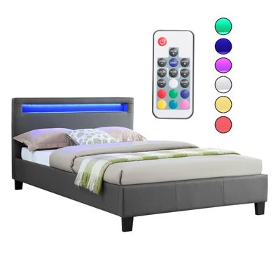 Lit LED simple 120x190 cm avec sommier, tête de lit confortable, lit 1 place revêtement synthétique gris, MIRANDO