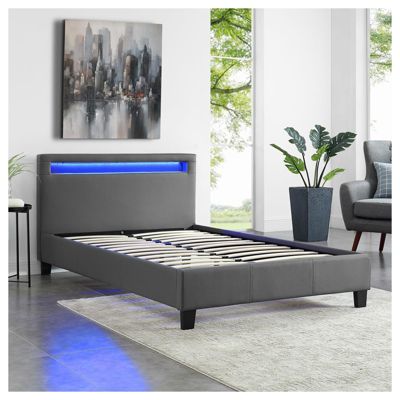 Lit LED simple 120x190 cm avec sommier, tête de lit confortable, lit 1 place revêtement synthétique gris, MIRANDO