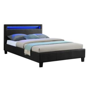 Lit LED simple 120x190 cm avec sommier, tête de lit confortable, lit 1 place revêtement synthétique noir, MIRANDO