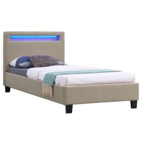 Lit LED simple 90x190 cm avec sommier, tête de lit confortable, lit 1 place revêtement en tissu beige, MOLINA