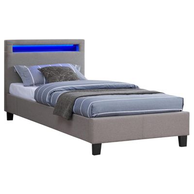 Lit LED simple 90x190 cm avec sommier, tête de lit confortable, lit 1 place revêtement en tissu gris, MOLINA