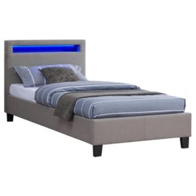 Lit LED simple 90x190 cm avec sommier, tête de lit confortable, lit 1 place revêtement en tissu gris, MOLINA