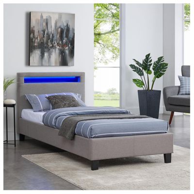 Lit LED simple 90x190 cm avec sommier, tête de lit confortable, lit 1 place revêtement en tissu gris, MOLINA