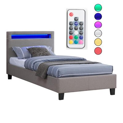 Lit LED simple 90x190 cm avec sommier, tête de lit confortable, lit 1 place revêtement en tissu gris, MOLINA